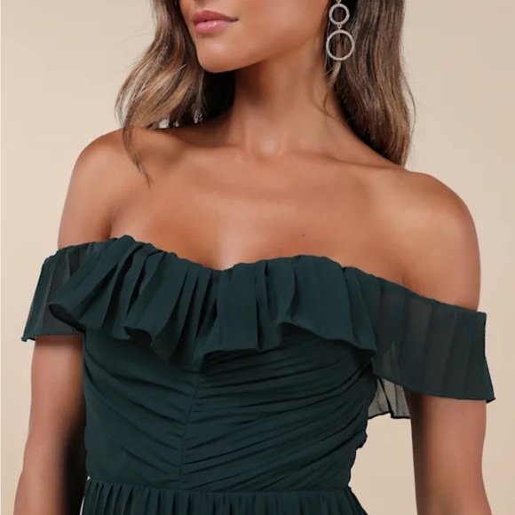 New Lulu's Always Remarkable Emerald Green Pleated Off-the-Shoulder Maxi Dress - Picture 6 of 7